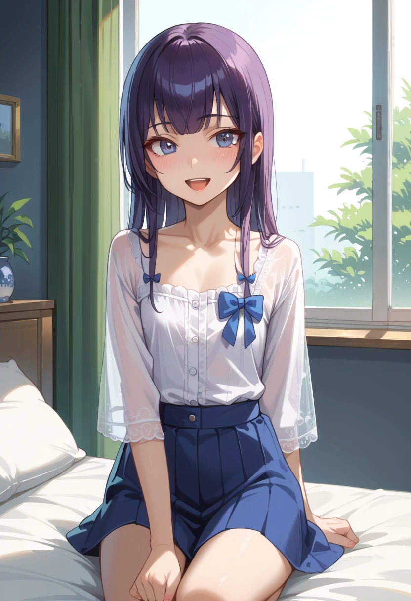 ((Top Quality)), ((masterpiece)), (be familiar with), perfect face, indoor, bedroom, watching viewers,
One woman, Saeko Tokushima,
open mouth, ecstatic expression, blush, smile,
small , flat chest, Young girl, lori, ren, girl,
long hair, long hair,
opening,