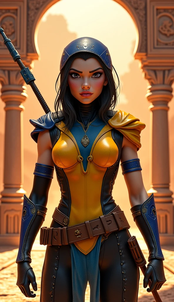 A woman in a black outfit with a sword and a hoodie (masterpiece), best quality, expressive eyes, perfect face, detailed eyes, dark fantasy,, Egyptian warrior, cleavage, black and gold outfit, massive snoopy breast, badass woman, sensual , 