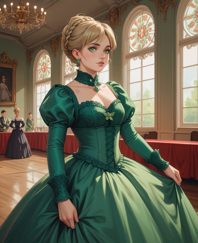 arafed woman in a green dress with a green bow, by Eliseu Visconti, 1 9 7 6, 1976, in a high renaissance style, 1 9 7 7, 1977, gregoire and manon, 1 9 7 3, 1973, 1971, 1 4 8 0 s