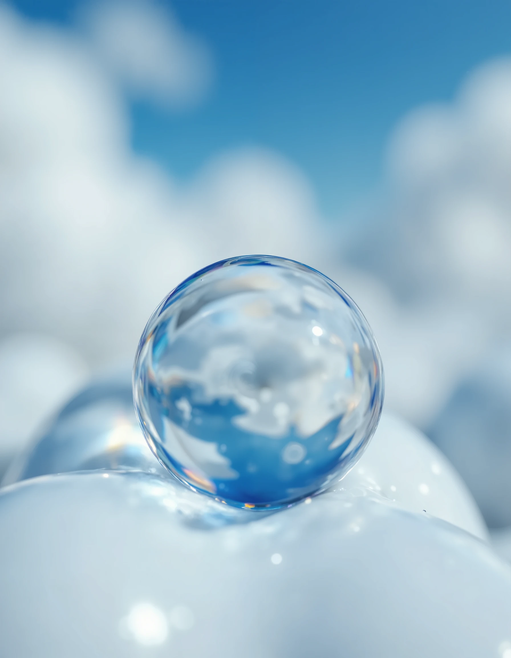 Super-detailed macro photography. This is a mega realistic, very clear image of a perfect very large hemispherical drop of clear, transparent water. The drop is depicted in very close-up-this is the main element of the composition. The blue sky and clouds are reflected on the surface of the drop. The glare on the surface of the drop is very light and bright. The drop is located on top of a smooth white ceramic cyborg head without a face.