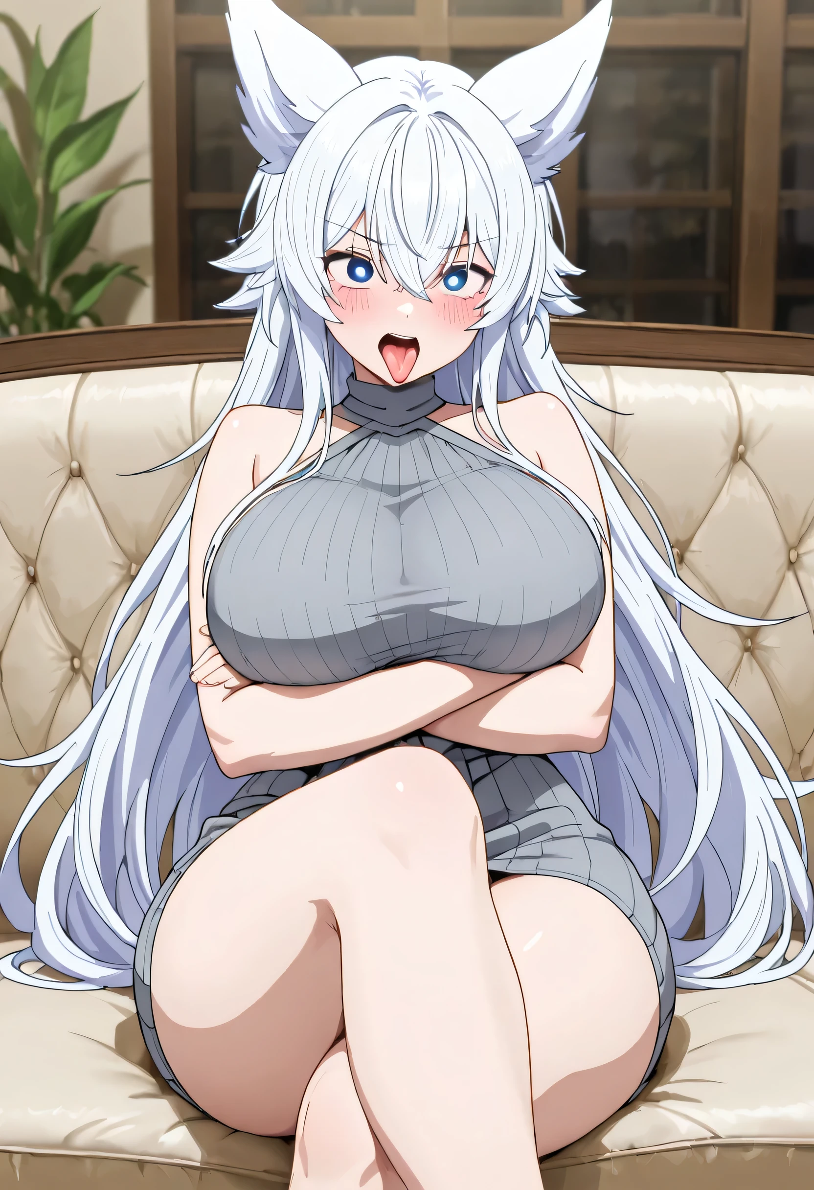 (masterpiece), best quality, expressive eyes, perfect face, hair_between_eyes, blush, long_hair, blue_eyes, animal_ears, bangs, white_hair, Fenrys_(Lv2_ Kara_Cheat_Datta_Moto_Yuushua), solo, 1 girl, Front pose, sitting on leather sofa, big thighs, legs crossed, high breasts, big breasts, arms crossed under breasts, wearing a gray tube dress, beautiful eyes, detailed eyes, 4k eyes, look full of pleasure, beautiful mouth, detailed mouth, sticking out tongue, licking glass.