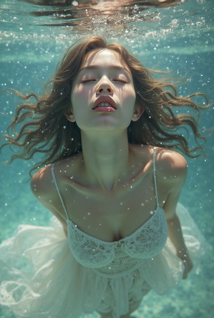 (photorealism:1.2), Mar, Beautiful woman, dark shades, depth, White dress, drowning 