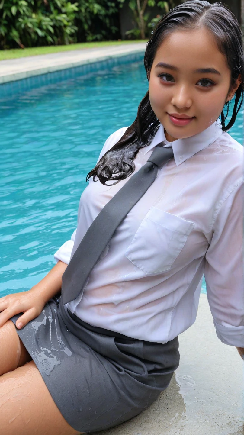 indonesian girl, transparent, uniform, bobcut, sleek hair, skinny, 18 years old, drenched, laying, onsen, open leg, small , portrait,