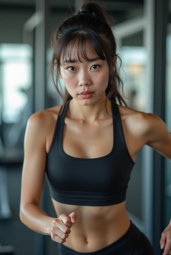 A fair-skinned Japanese woman in tight-fitting black sportswear in a training room。She is leaning forward and her breasts are visible through her underwear.。Selfie style。