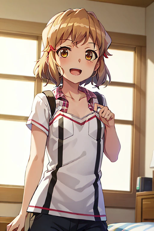 ((Top Quality)), ((masterpiece)), (be familiar with), perfect face, indoor, bedroom, watching viewers,
One woman, Hibiki Tachibana,
open mouth, ecstatic expression, blush, smile,
 small , flat chest, Young girl,  lori, ren, girl,
Short Hair, Short Bob,
opening,