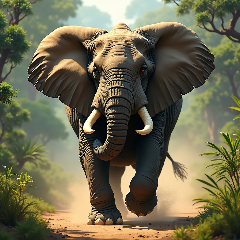 Create a captivating, hyper-realistic, AI-generated artwork of a large African elephant running towards the camera. The elephant should be depicted with its massive tusks prominently visible, emphasizing its powerful and imposing presence. Capture the detailed texture of the elephant's rough skin and the grandeur of its size as it charges forward with dynamic, intense motion.
The scene should focus on the movement of the elephant, showing its powerful legs in mid-stride, with dust and grass being kicked up from its rapid pace. The low grassland should reflect the energy of the scene, with visible trails and disturbances caused by the elephant's run. In the background, include a distant hill and a gray, overcast sky, contributing to the dramatic atmosphere.
Use natural, earthy tones to depict the elephant and its environment, highlighting the contrast between the elephant’s gray skin and the muted colors of the grass and sky. The lighting should be soft and diffuse, reflecting the overcast conditions while emphasizing the movement and intensity of the elephant’s run.
The style should be hyper-realistic yet artistic, focusing on the elephant's dynamic movement and the raw power of its stride. The final artwork should be high-resolution and visually striking, capturing the strength and energy of the elephant in its natural setting.