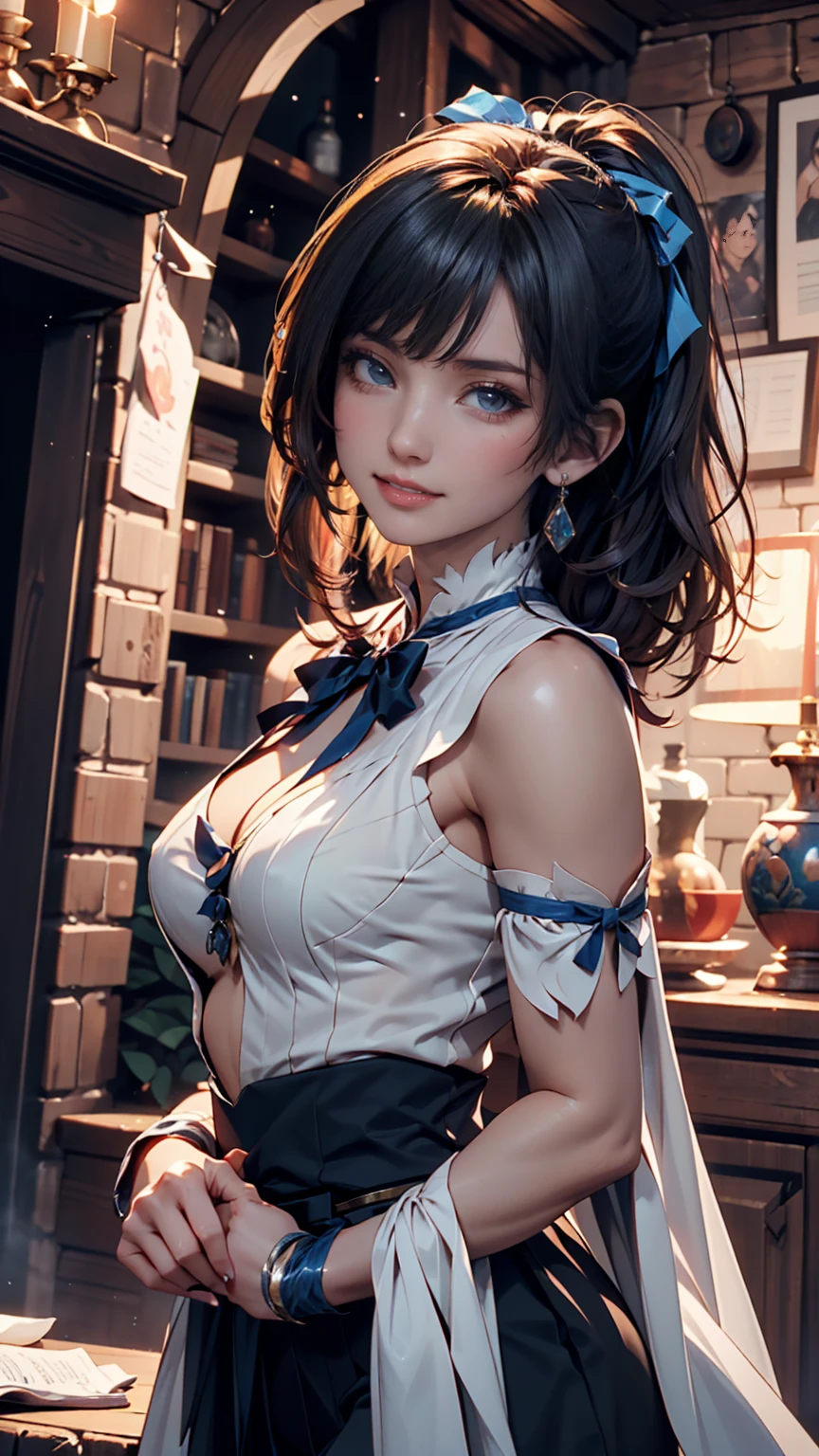 (masterpiece、high quality:1.5), (High definition:1.5), Beautiful face、brown hair、((ponytail、deep blue eyes:1.2))、shiny and smooth hair, shy smile, Highly detailed CG unified 8k wallpaper, extremely detailed、Warrior armor、super mini skirt、White panties peeking out of the skirt、sitting on the ground、