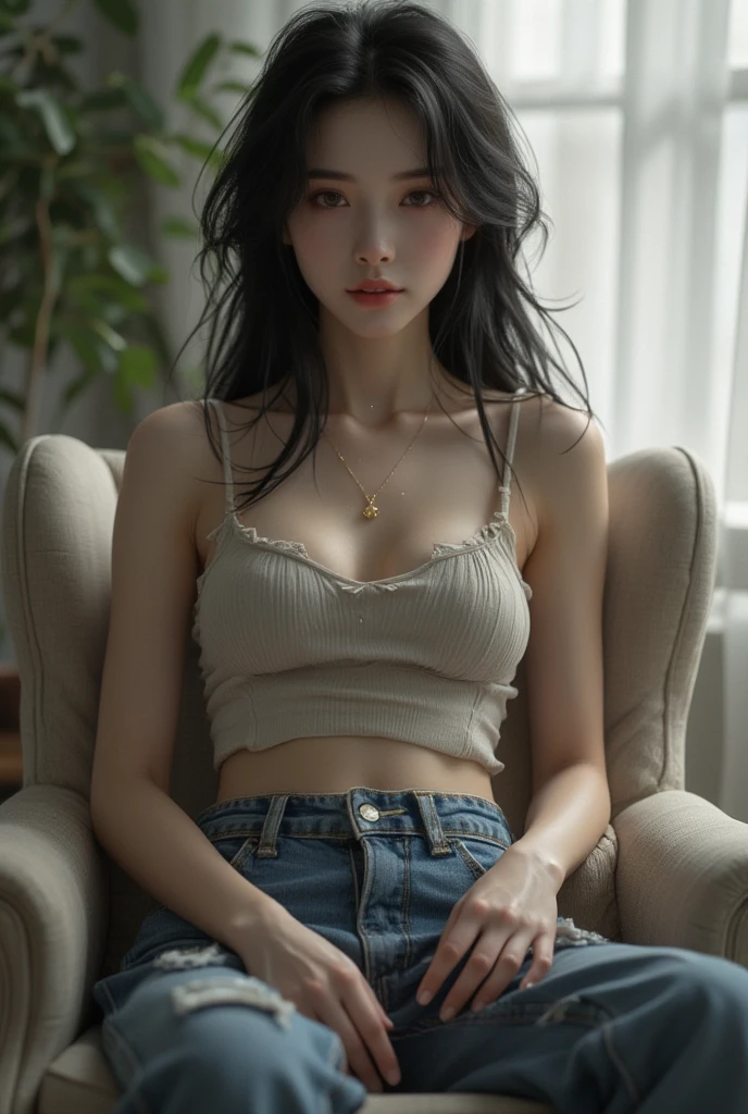 1girll,20yr old，Sit on a comfortable sofa,Soft light，