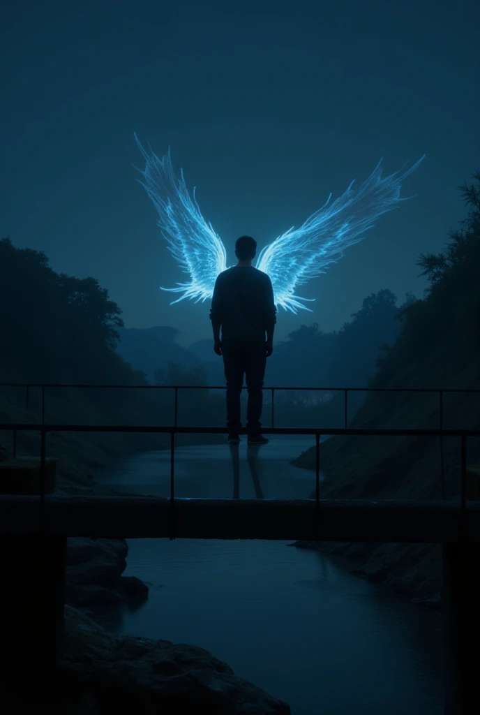 Male silhouette with dragonfly wings surrounded by blue star galaxy 