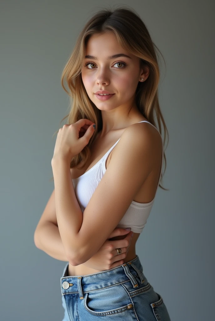 ((Full body view)), AliciaV, (((wearing a white sleeveless shirt))), ((distressed jean shorts)), ((messy hair bun)), 8k raw, high res, ultrarealistic, hyperrealistic, soft lighting, good lighting, textured skin, photorealism, high details, DSLR photo, detailed face, detailed hair, skin pores, (looking at viewer), (Real Eyes), (Detailed Eye Corneas), (detailed pupils), ((smiling)), photo lab, elegant, insane details, hyperdetailed, low contrast, epiCRealism, Detailed and realistic photography, intricate and realistic eyes, shot outside, skin texture, soft natural lighting, magical photography, dramatic lighting, ultra-detailed, Kodak 800T, ((SFW))