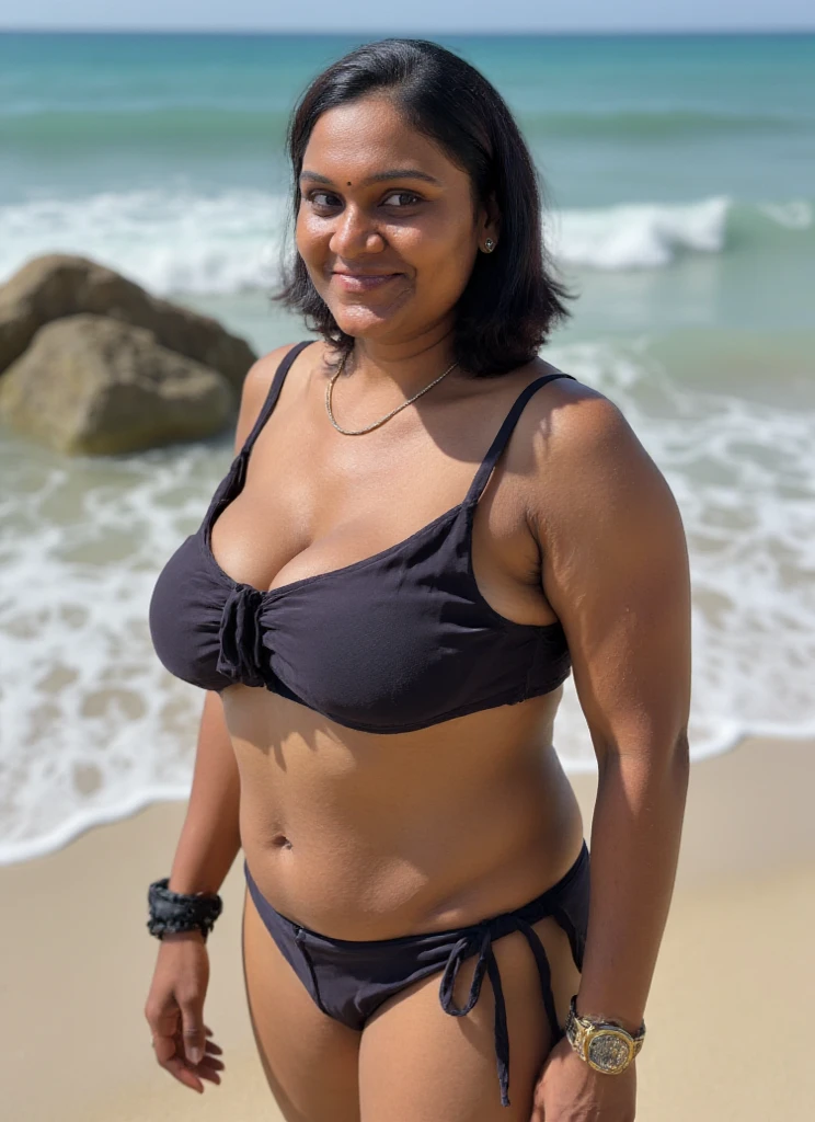 (best quality, masterpiece, hyper-realistic) Pooja Thakur wearing black bikini, chubby, curvy, An Indian beauty, charismatic, dark-skin, view the viewer, naughty smile, on a yacht, bokeh (detailed facial features, both eyes same)
