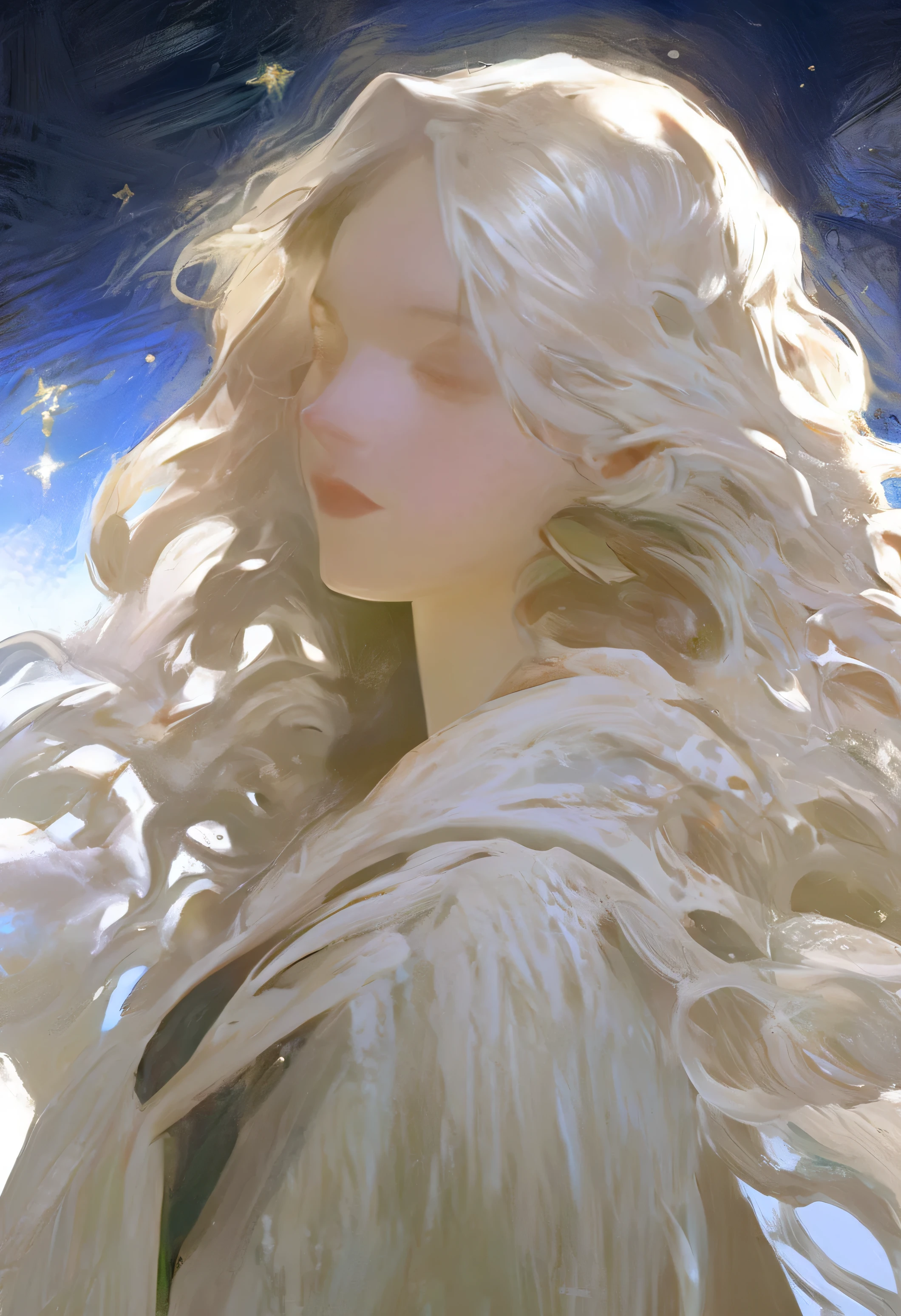 reverse1999,one-girl, Starry sky,clusters of stars,Ray tracing,{Best quality}, {{Masterpiece}},Colorful,incredibly_absurderes,Ray tracing,Perspective,Wide shot,Overall view,,A high resolution,long_Hair, White_Hair/pink_Eyes,Detail fingers,pigeon-toed,Pout,Blush,Eyes visible through hair,(((long white hair))),((Curly hair)), reaching out her hands,(((a brown winter coat))), 4K,Master picture quality,Texture,Ark of tomorrow style,reverse1999 style, full bodyesbian,long and flowing hair,Smiling,The ultimate in facial depiction,The ultimate body depiction,The ultimate hair depiction ,The ultimate scenario description,The background is winter's aurora, winter, polar regions, smiling towards the sky, Beautiful_face,Beautiful detailed eyes,Beautiful detailed sky,reflective light,Ray tracing,Beautiful detailed sky,a field covered with snow, Normal body,Normal posture,Front view,Absolutely good light and shadow,Detailed sky,night,(((城市,starlights))).{Best quality}, {{Masterpiece}}, {A high resolution},snowfield,Clear,(((Oil paint))), fluttering brush touch, Looking at the viewer, Picturesque style, hand-painted backgrounds, parts high contrast , dramatic lighting