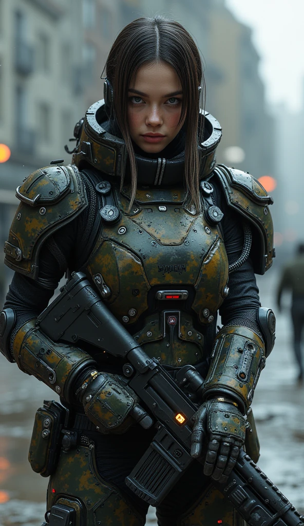 ((real lighting, Top Quality, 8k, masterpiece: 1.3)),   白いRealistic under micro:1.4, Very complex:1.3), (  photon mapping to viewers ,   radiosity,    Physically Based with Beautiful Eyes Scattered  ,    super real  ,  Realistic under micro:1.4,    super real  , 8k), (((( Wet 20 Year Old   , [   a wet supermodel in her 20s:0.8], (  big eyes,  long eyelashes,     battle damage that can break your arm、 Sexy Camouflage Protective Plate Armor :0.8,  [Compensate: freckles:0.7])),  blue eyes)，Headphone Microphone、 Long Boots、gun 、 anger, arrogant, break, ((((   Background is a Futuristic Battlefield   ,  Full Body Dynamic Poses ),   Submachine Gun  ,  (((   Glowing Cybernetic Chrome Crystal Reflections   ))),  Long Straight Hair Band   ([   dark hair underneath  :   silver hair:0.6],    volume   ,  shadow)))
