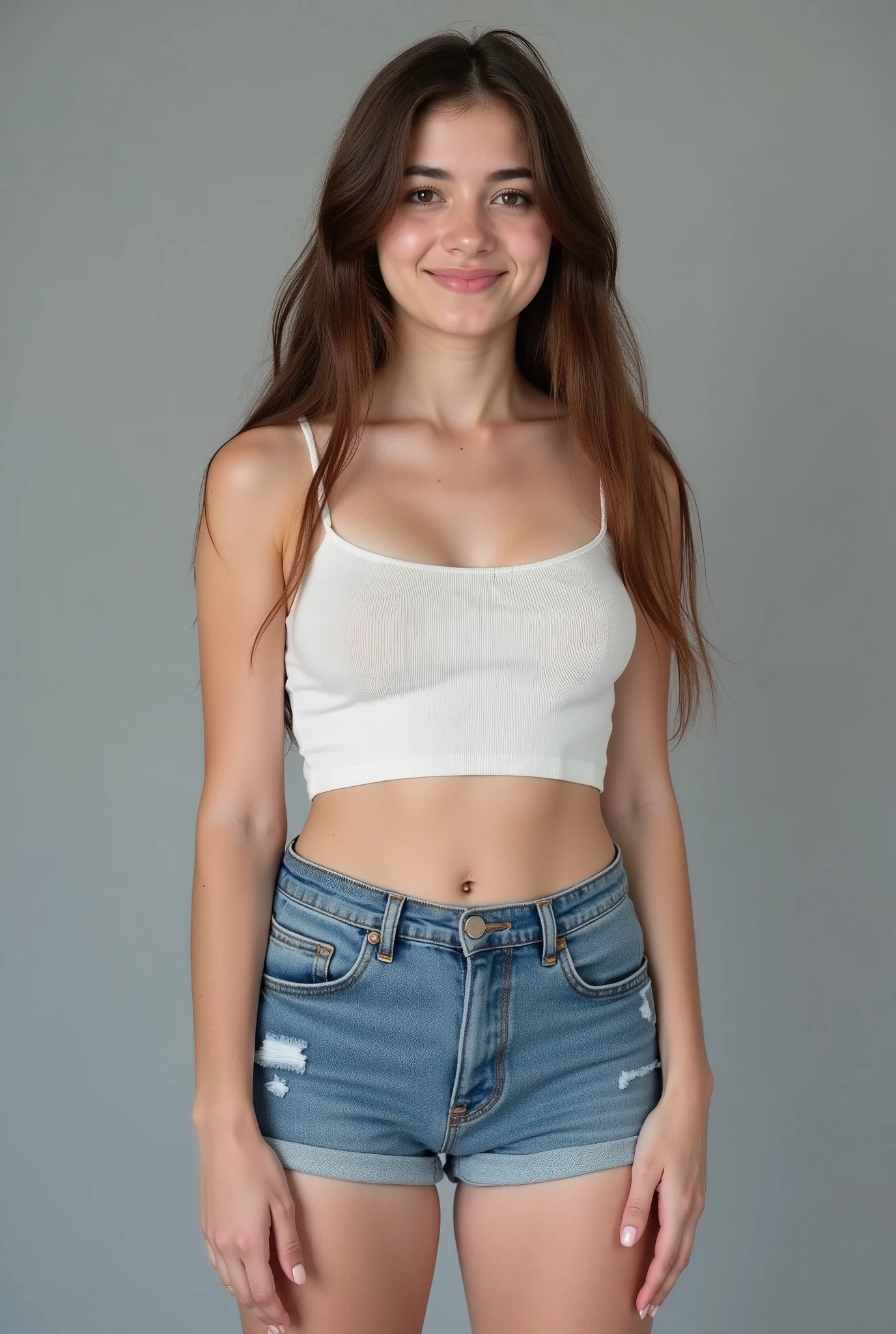 Very realistic photo of pale white fair caucasian 18 year old innocent highschool French girl dressed in a  crop top and denim shorts. Big butt. Thick thighs. Innocent smile. grey back ground. Brown eyes. 