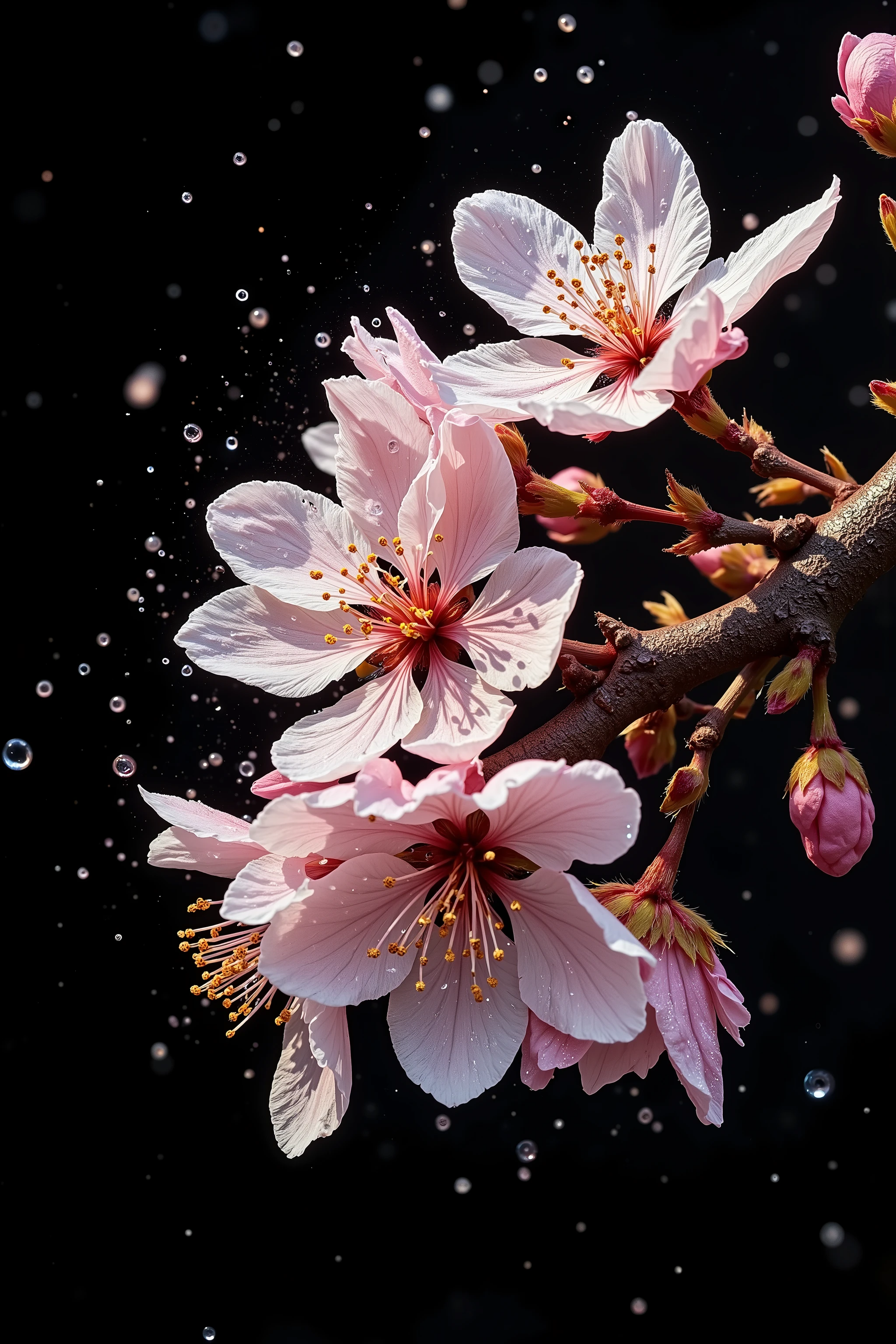 A macro art of microscopic image of a Sakura flower. Simple black background. Blooming Sakura flowers with droplets of water
