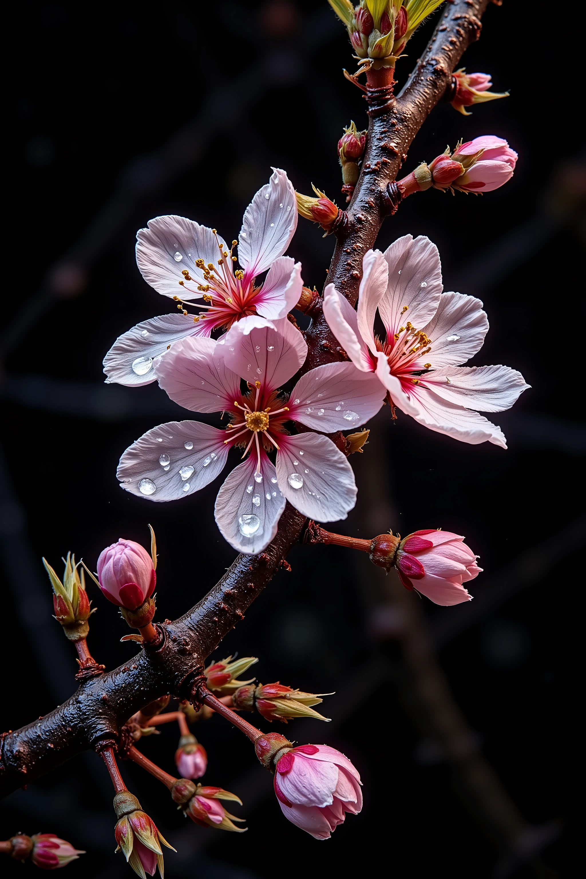 A macro art of microscopic image of a Sakura flower. Simple black background. Blooming Sakura flowers with droplets of water
