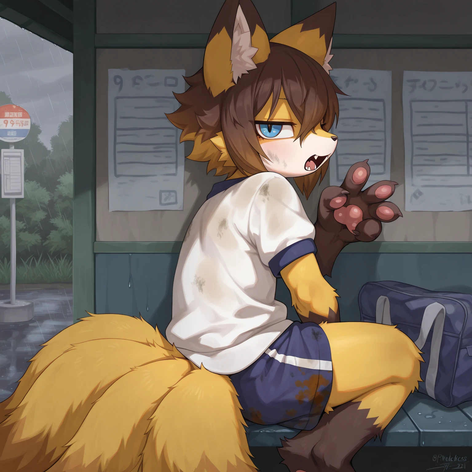 fox boy,Boy holding a condom in his mouth, On all fours,Hoodie outfit