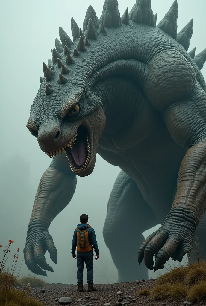 a highly detailed matte painting of a man on a hill watching a giant alien monster, by makoto shinkai, by artgerm, by wlop, by greg rutkowski, volumetric lighting, octane render, 4k resolution, trending on artstation, masterpiece