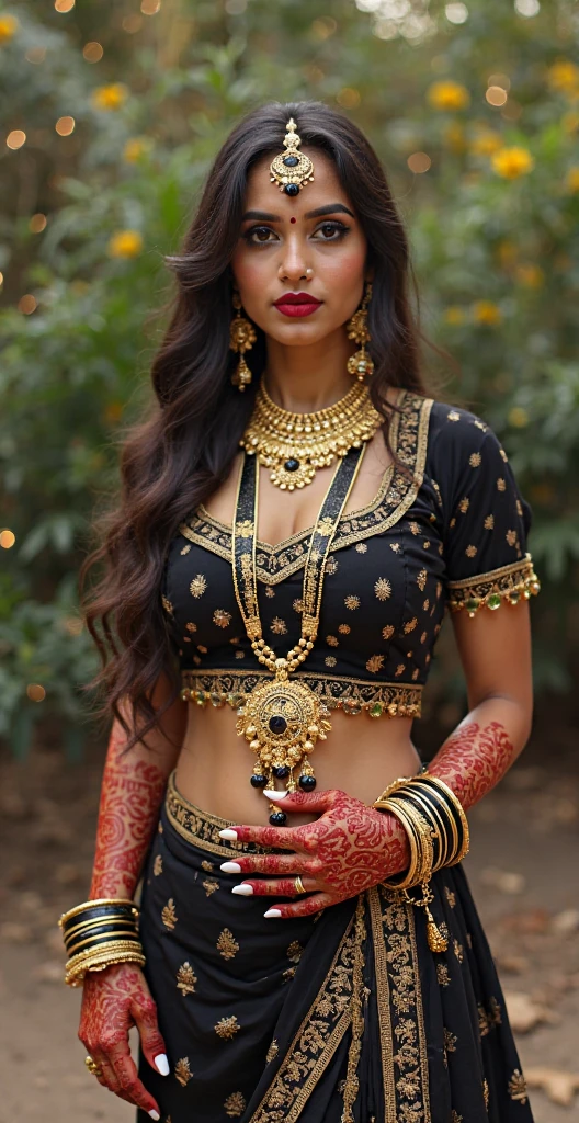 FULL BODY,in MEHENDI HEENA ON BOTH HAND AND LEGS,big bangles on both hand, gold anklet on both legs, wearing necklaces of small black and gold beads with big gold pendant on last,belly chain, full body ,in the middle of yard ,nose pricing , long hair, flowers on hair ,showing navel , dark shade lipstick,desi look.,white long nails , hijab 