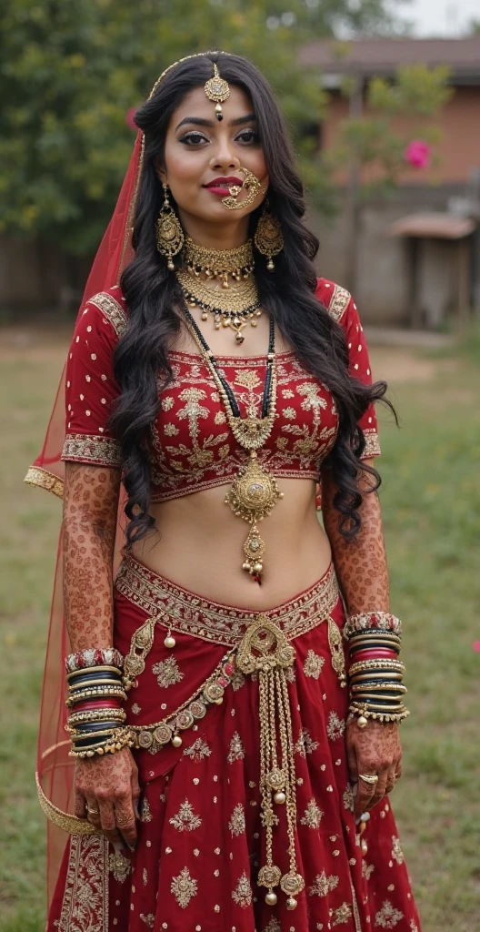 FULL BODY,in MEHENDI HEENA ON BOTH HAND AND LEGS,big bangles on both hand, gold anklet on both legs, wearing necklaces of small black and gold beads with big gold pendant on last,belly chain, full body ,in the middle of yard ,nose pricing , long hair, flowers on hair ,showing navel , dark shade lipstick,desi look.,white long nails , hijab 