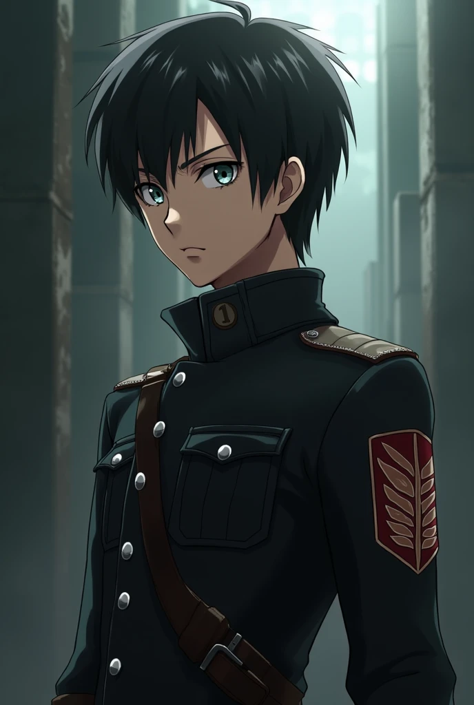 attack on titan anime screencap, 19 years old boy, short mullet whit bangs hairstyle, messy hair, black hair, gray tired eyes, attack on titan uniform, with musculature