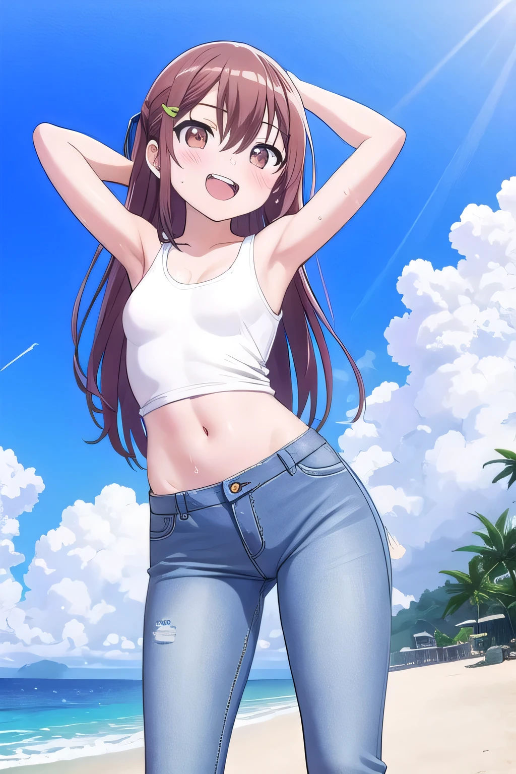 masterpiece, best quality, ultra detail, ((Perfect Face, perfect eyes, perfect hair, perfect arm)), 1girl, o, petite, ((round face, ecstasy, orgasm face, drooping eyes, shame smiling, blush)), dropping eyes, sleepy, Open mouth, ((White teeth)), background((under the beach, (day:1.2), ocean, bright sky)), Nagisa Misumi, (brown eyes:1.2), (brown hair:1.2), crossed bangs, hair between eyes, hair ornament, x hair ornament, (long hair:1.4), (straight hair:1.7), ((arms behind head, hands behind head, fingers behind head)), ((contrapposto)), spread armpits, looking at viewer, (pink tank top:1.2), (pink crop top:1.2), (jeans pants:1.2, flares jeans:1.2, skinny jeans:1.2, blue jeans:1.2), standing, (legs spread:1.4), sex pose, Sweaty crotch, Steam from the crotch, from below, whole body
