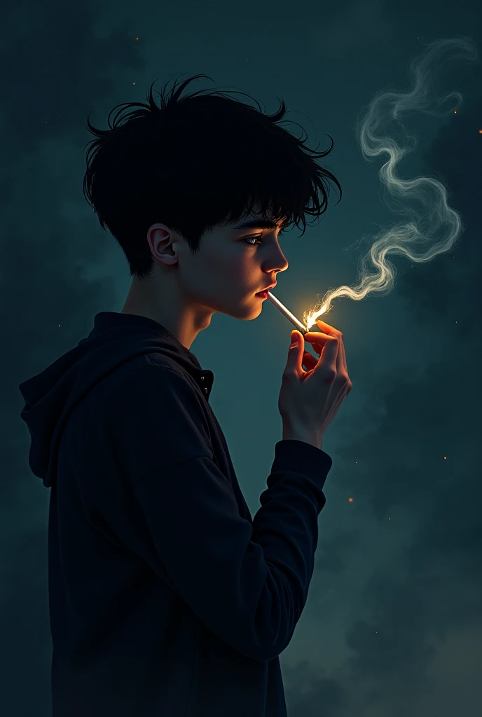 A 22-year-old man with a mysterious aura, white, delgado, with dark circles, pointed nose, long, messy black fur, very dark eyes, freckles on the nose, Pale skin with not very noticeable bruises, casual black dress,smoking while looking out a window towards the cloudy but beautiful forest