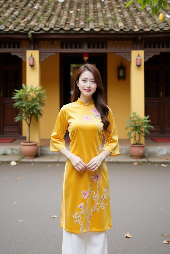 a photo of a women in yellow aodai with flower pattern on it,best quality, masterpiece,(realistic:1.2)