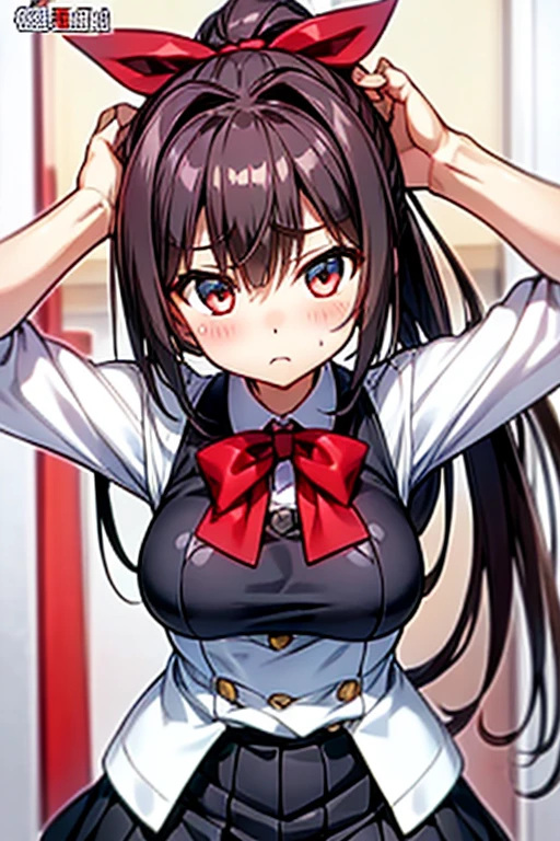 houshou_marine, Artist, erere, Copyrights, idolmaster, idolmaster_shiny_colors, Character, General, 1girl, black_hair, black_necktie, black_ribbon, black_skirt, blunt_bangs, blush, breasts, v, brown_eyes, censored, frilled_sleeves, frills, jirai_kei, long_hair, long_sleeves, medium_breasts, miniskirt, neck_ribbon, necktie, open_mouth, pink_nails, pink_shirt, raised_eyebrow, ribbon, shirt, skirt, sweatdrop, teeth, two_side_up, upper_teeth_only, zipper_skirt, full_body, standing, white_backgroud, looking_at_viewer, facing_viewer, masterpiece, best_quality, great_quality, girl,