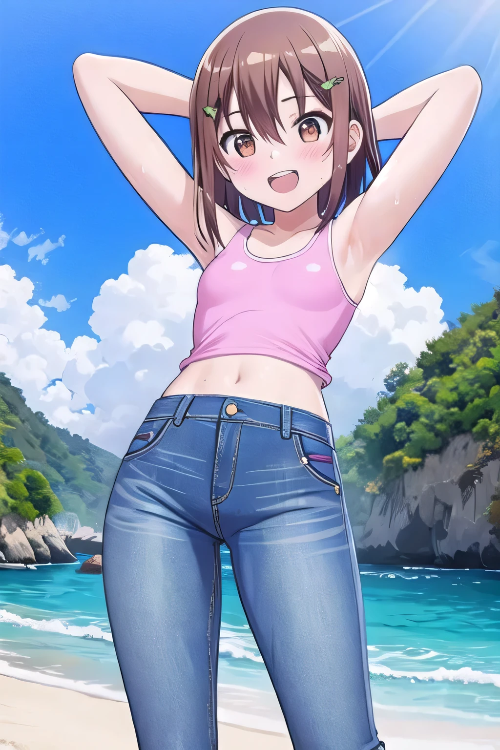 masterpiece, best quality, ultra detail, ((Perfect Face, perfect eyes, perfect hair, perfect arm)), 1girl, o, petite, ((round face, ecstasy, orgasm face, drooping eyes, shame smiling, blush)), dropping eyes, sleepy, Open mouth, ((White teeth)), background((under the beach, (day:1.2), ocean, bright sky)), Nagisa Misumi, (brown eyes:1.2), (brown hair:1.2), crossed bangs, hair between eyes, hair ornament, x hair ornament, (short hair:1.4), (straight hair:1.7), ((arms behind head, hands behind head, fingers behind head)), ((contrapposto)), spread armpits, looking at viewer, (pink tank top:1.2), (pink crop top:1.2), (jeans pants:1.2, flares jeans:1.2, skinny jeans:1.2, blue jeans:1.2), standing, (legs spread:1.4), sex pose, Sweaty crotch, Steam from the crotch, from below, whole body