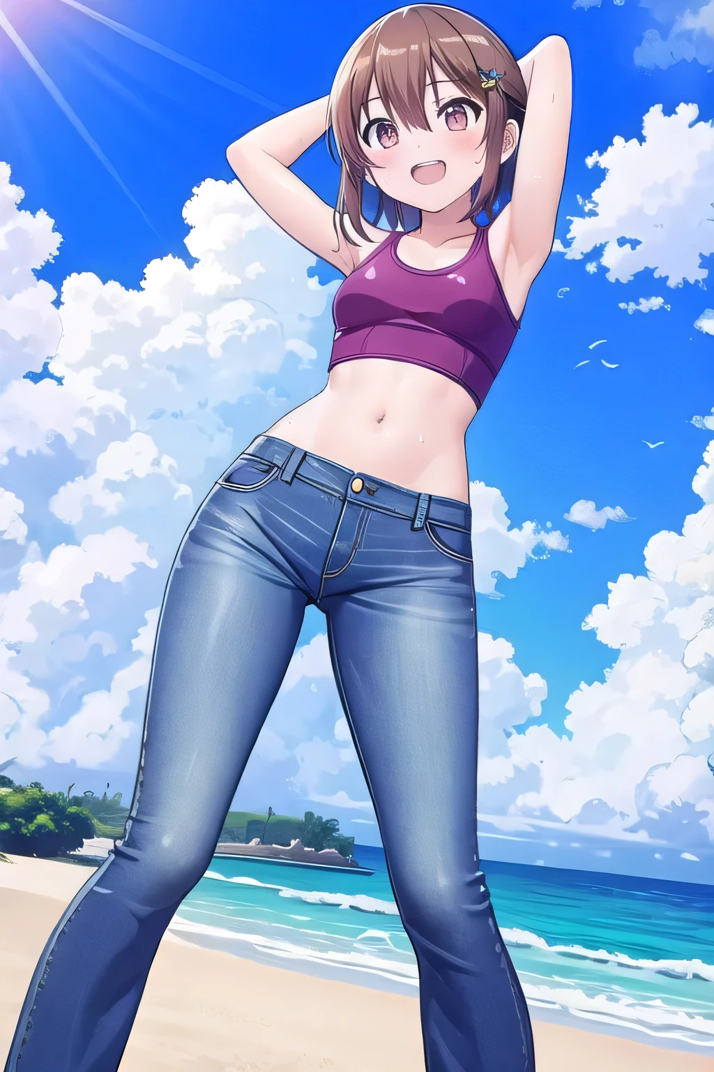masterpiece, best quality, ultra detail, ((Perfect Face, perfect eyes, perfect hair, perfect arm)), 1girl, o, petite, ((round face, ecstasy, orgasm face, drooping eyes, shame smiling, blush)), dropping eyes, sleepy, Open mouth, ((White teeth)), background((under the beach, (day:1.2), ocean, bright sky)), Nagisa Misumi, (brown eyes:1.2), (brown hair:1.2), crossed bangs, hair between eyes, hair ornament, x hair ornament, (short hair:1.4), (straight hair:1.7), ((arms behind head, hands behind head, fingers behind head)), ((contrapposto)), spread armpits, looking at viewer, (pink tank top:1.2), (pink crop top:1.2), (jeans pants:1.2, flares jeans:1.2, skinny jeans:1.2, blue jeans:1.2), standing, (legs spread:1.4), sex pose, Sweaty crotch, Steam from the crotch, from below, whole body