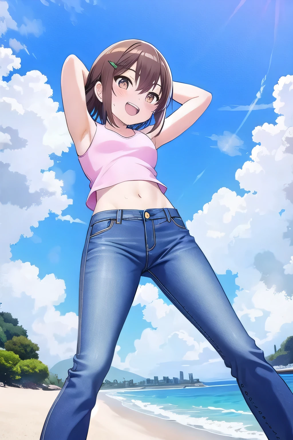 masterpiece, best quality, ultra detail, ((Perfect Face, perfect eyes, perfect hair, perfect arm)), 1girl, o, petite, ((round face, ecstasy, orgasm face, drooping eyes, shame smiling, blush)), dropping eyes, sleepy, Open mouth, ((White teeth)), background((under the beach, (day:1.2), ocean, bright sky)), Nagisa Misumi, (brown eyes:1.2), (brown hair:1.2), crossed bangs, hair between eyes, hair ornament, x hair ornament, (short hair:1.4), (straight hair:1.7), ((arms behind head, hands behind head, fingers behind head)), ((contrapposto)), spread armpits, looking at viewer, (pink tank top:1.2), (pink crop top:1.2), (jeans pants:1.2, flares jeans:1.2, skinny jeans:1.2, blue jeans:1.2), standing, (legs spread:1.4), sex pose, Sweaty crotch, Steam from the crotch, from below, whole body