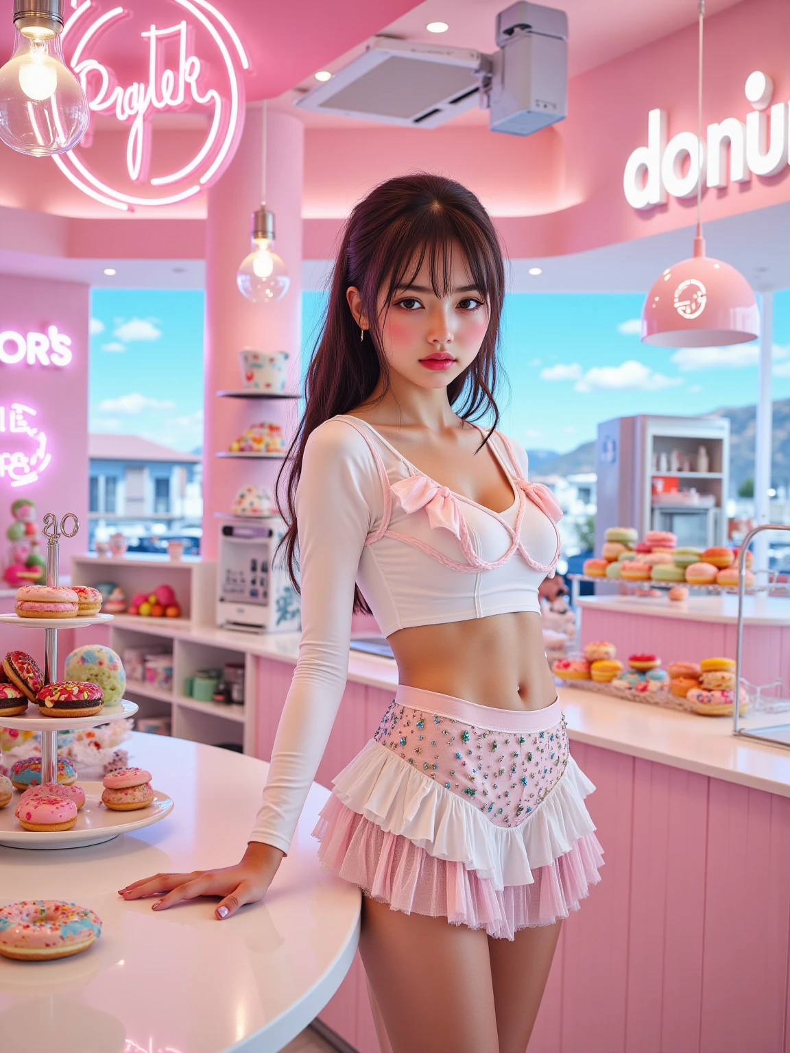 A young woman standing on the street, blur background, beatiful, photorealistic