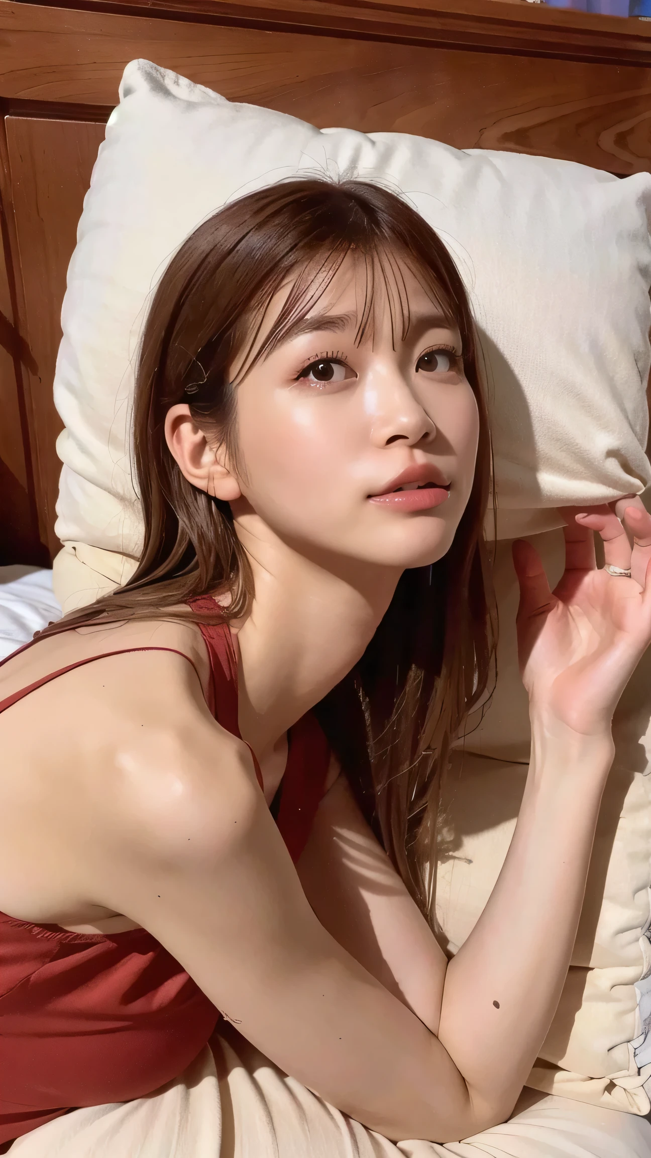 black camisole、lies down in bed