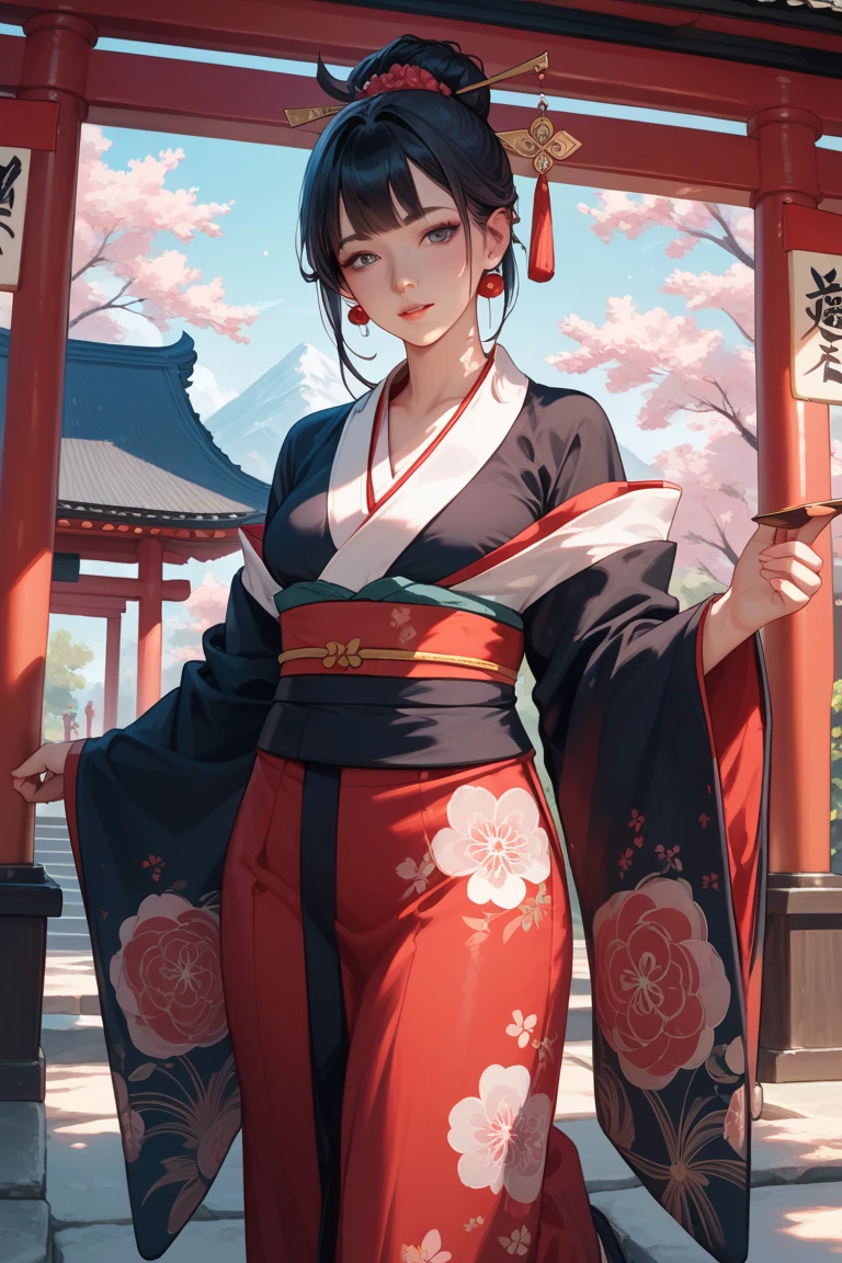 ((Samurai Girl)), (((kimono))), dark Outfit, ((skindentation)), skinny, solo, (1 sexy woman), Masterpiece, highest quality, highest quality, 16K, incredibly absurd, highly detailed, 2.5D, ai-generated, delicate and dynamic, very delicate facial expressions, delicate eye depiction, erotic, only sexy woman, Dark hair, black eyes, ((A cute and kind face)), healthy figure, ((25-year-old woman)), 160cm tall, medium firm swaying bust, blush, Sweat,Embarrassed,sexy, ((thin thighs)), ((shiny and lustrous)), facing straight at viewer, Japan in the Edo period, post town scenery, heading to battle,