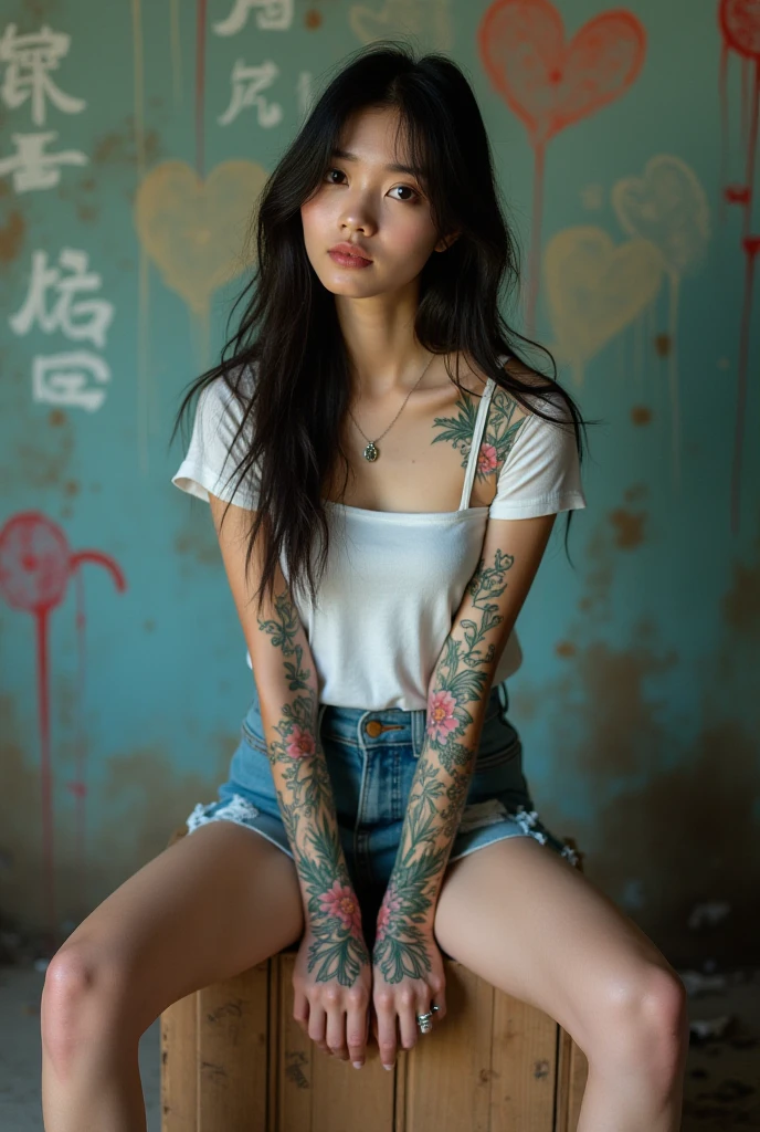 "editorial photography,super detailed background,Super realistic,double exposure,depth of field,beauty cute super slender skinny vides,soft_focus tone,narrative scene,very many kanji_poetry_tattoo arranged vertically,super_long Super_straight hair,brutal_gaze,blunt_bangs,jade_elongated_eyes,pure_white_skin,abs,NSFW,navel,lean against the dilapidated_graffiti_wall,shaved_,Chinese,bend over,complete nakeding with wide spread long beautiful legs,