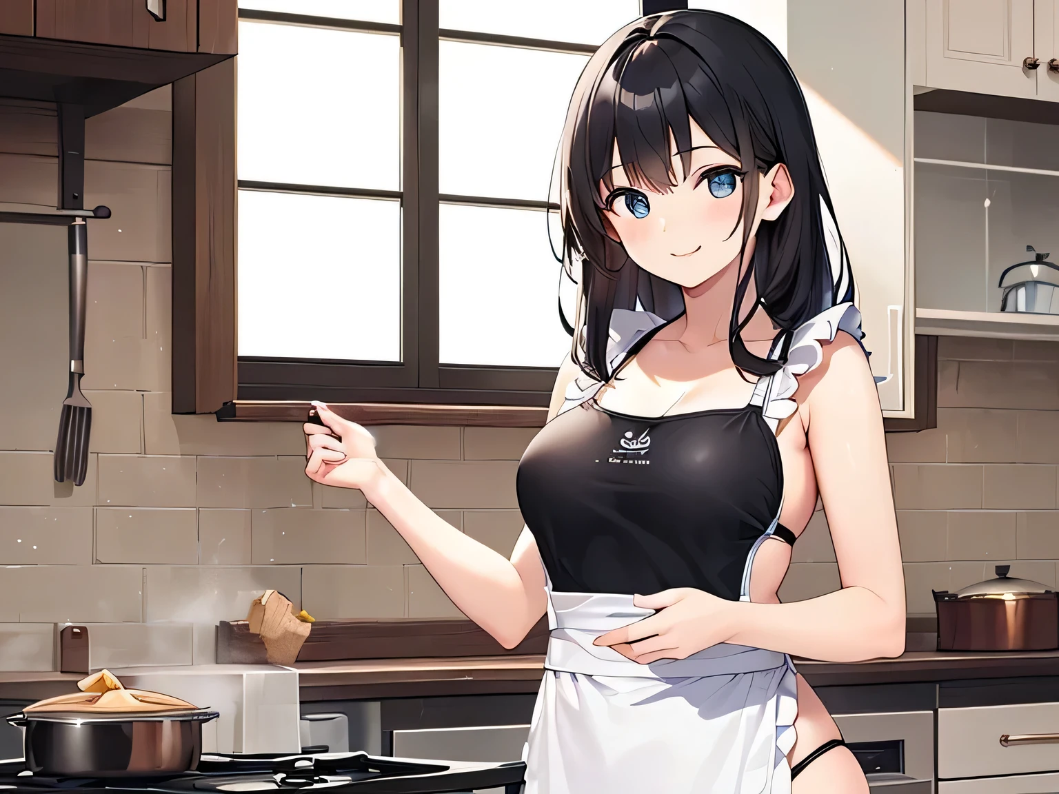 Black hair twin tails、Small breasts、Naked Apron、kitchen