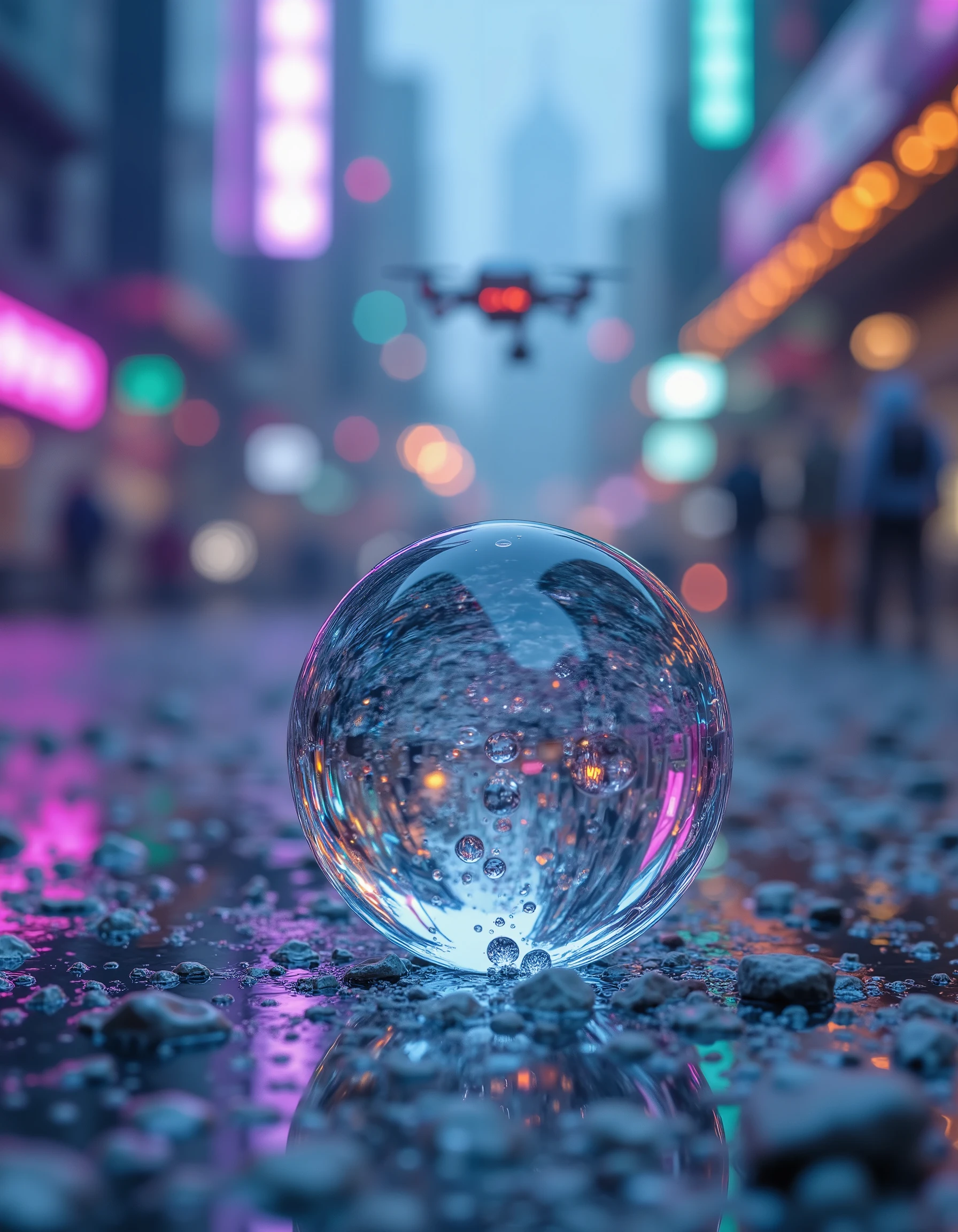 Super-detailed macro photography. This is a mega realistic, very clear image of a very large drop of clear, transparent water. The drop is depicted in very close-up-this is the main element of the composition. The angle is from top to bottom. The surface of the drop reflects the sky, clouds and skyscrapers. The glare on the surface of the drop is very light and bright. The drop is placed on a smooth white ceramic surface. The ceramics are flawless, with a light mother-of-pearl sheen. Maybe it's a cyborg corps.
Blurred cyberpunk streets can be seen in the background, while distant neon signs and flying drones create colorful highlights. The lighting is gloomy and cinematic — cold tones prevail, but flickering holograms cast changing purple and turquoise highlights. The image is made in 8K format with hyper-realistic details, subsurface scattering on ceramics and precise water physics. The style is inspired by the combination of organic fragility and high-tech precision