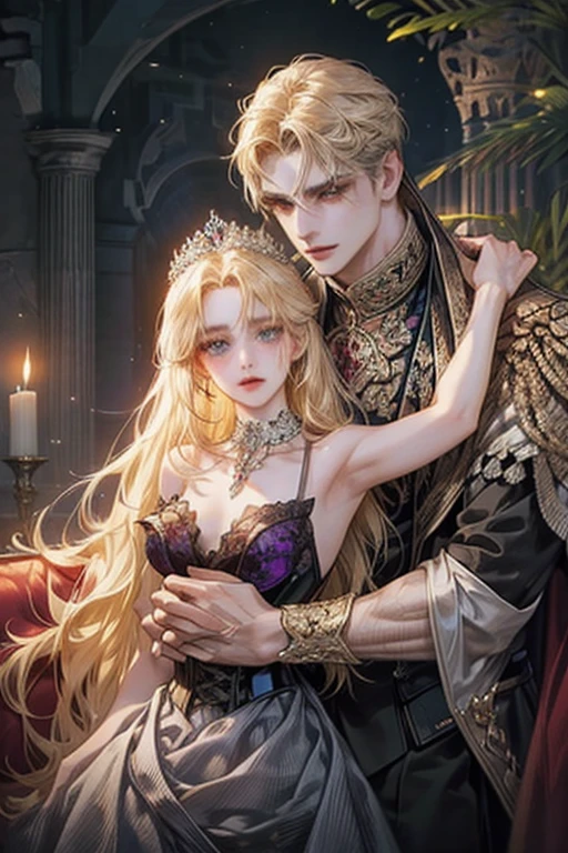 couple, tall, beautiful, statuesque, brave, attractive, adult man with long blonde hair,  His eyes are a muted bluish-gray , tanned skin, clean-shaven face,  the torso is visible, show a prominent six-pack and numerous scars on his back, shoulders, and arms—evidence of being whipped. He wears tattered slave clothing and is bound with slave collar chain. The overall mood should be intense, dangerous, fragile, alluring, and filled with tension. Set in a medieval fantasy atmosphere. The scene shows the male lead in close proximity to the female lead, she is standing behind the seated male lead (on a luxurious sofa), sensually leaning over and wrapping her arms around his neck , with a mysterious and  gaze.women hugging  an incredibly beautiful young woman  female dark color with long hair, purple like Amethyst eyes, in a gorgeous red princess dress, luxurious embroidered corset dress , A beautiful short-sleeve dress with  shoulders, fine jewelry, a tiara of goals.  