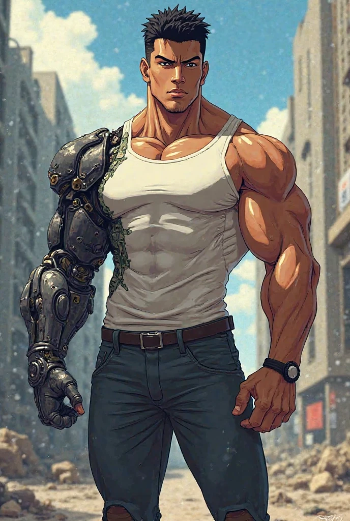 (top quality, 8K, masterpiece: 1.3), muscular male: 1.4, dark brown hair, large, wearing pendant, torn shorts, in bedroom, very detailed face and skin, detailed eyes, double eyelids, duo