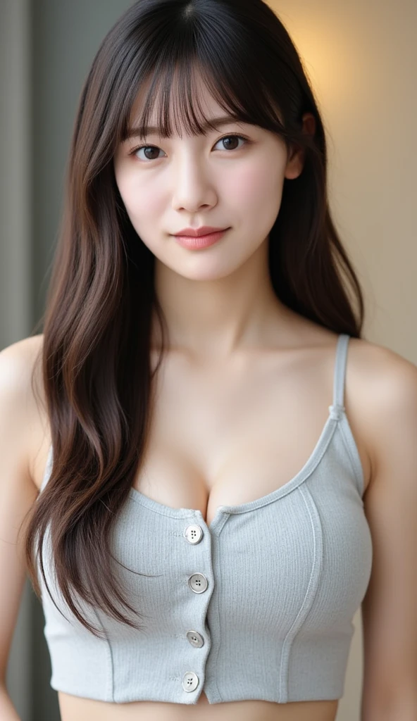 realistic photos of 1 cute Korean star, hair between eyes, white skin, thin makeup, 32 inch breasts size, slightly smile, blue v-neck tank top, shorts, in shopping mall, upper body portrait, blind box toy style,UHD