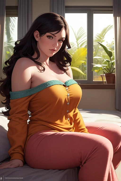 Lucy Pinder, portrait, face portrait, smiling, voluptuous, cleavage, red lips, hoop earrings, straight hair, black hair, ponytail, long-sleeved sweater, orange sweater, petrol green skirt.