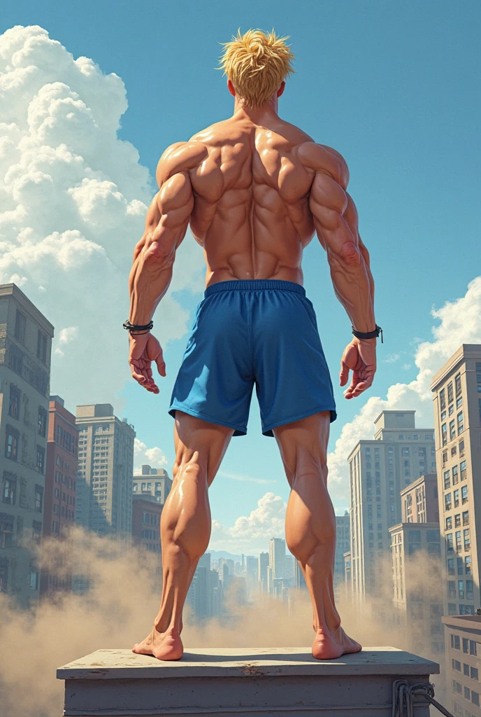 there is a man standing on a roof with his arms in the air, strong young man, posing ready for a fight, very accurate photo, full body picture, complete body view, 20 years old man, full extremely slim body, thin young male, depressed dramatic bicep pose, muscular!!!, showing strong muscles, with accurate face, full body in camera,galactic sky