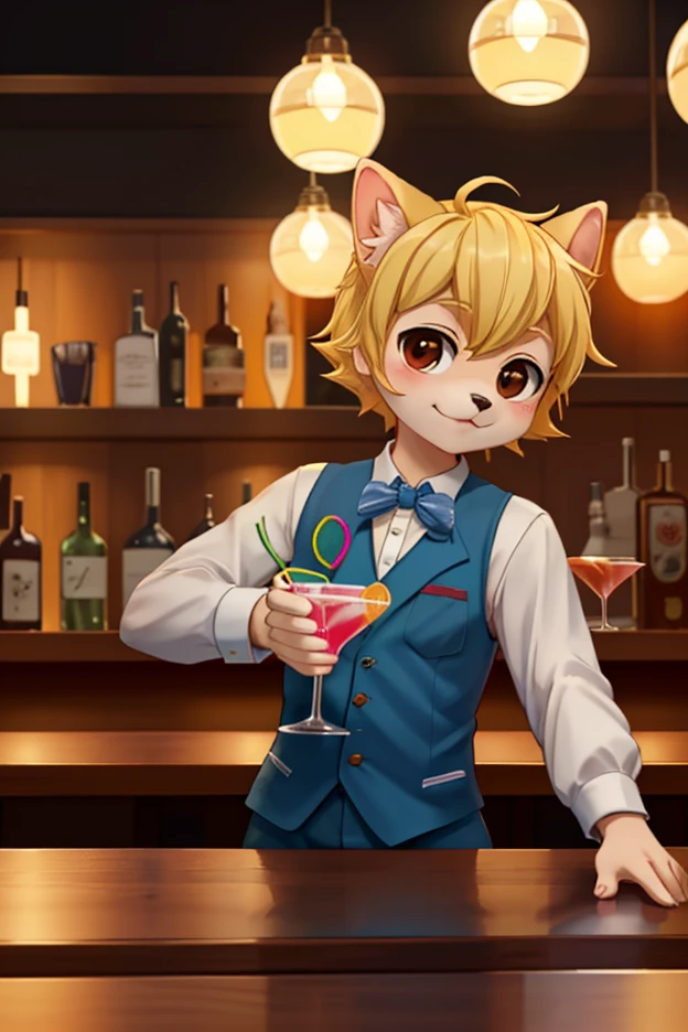 kemoshota, masterpiece, best quality, ultra detail, scenery, bar counter, depth of field((blurry background))volumetric lighting, absurdres, perfect anatomy(angelic cute 1boy, kemono, bunny boy, bunny suit)(furry anthro, Furry body, rabbit facial features, rabbit body features)(rabbit ear, very detailed body fur)holding cocktail glass, smile, Embarrassing, erotic, looking at view, upper body, short statue, short height, kindergarten boy