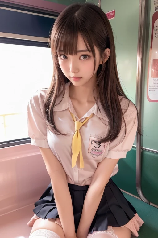 (masterpiece, highest quality:1.2), 8k, 12 years old, 85mm, official art, RAW photo, スーパースリムなスレンダーbeautiful girl, (full nude下Half body,short sleeveの白シャツ、show me your ears、naked girl photoshoot、full nude, cute face, close, Half body, Biolace, gardenia, beautiful girl, school uniform, Bind your neck with a rope, thighs, short sleeve, stand on the station platform, looking at the viewer, no makeup, (A slightly troubled look), Face of embarrassment、nervous pose、film grain, chromatic aberration, sharp focus, face light, clear lighting, Ten generations, detailed face, background bokeh, (dark red tie:1.1)、((((((two girls))))))、((((((2人のfull nude女子高生)))))