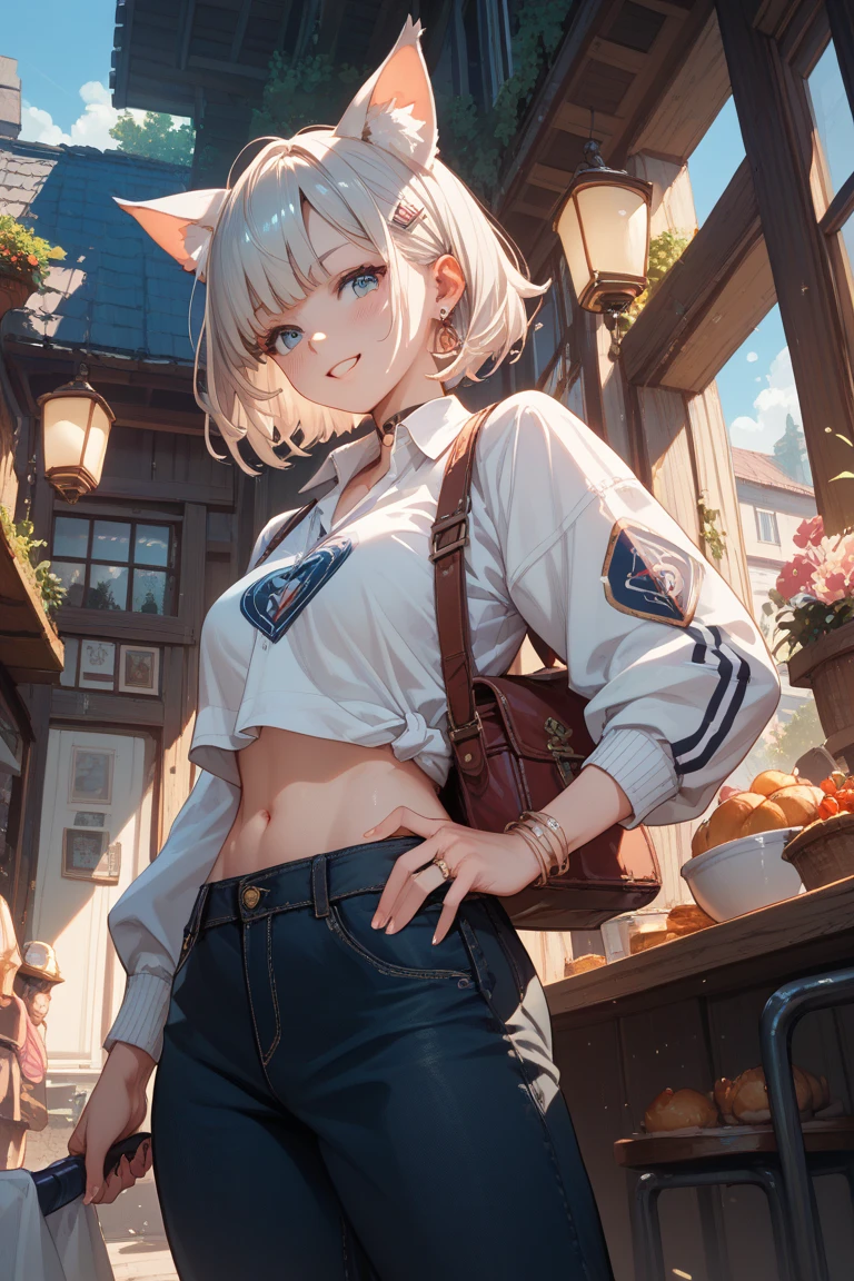 illustratio、girl with、a blond、blue eyes、Short Bob、Shiny white sports bra with zipper、The zipper has come off、net mini skirt、Cow print hoodie、Has a cowbell around his neck、piercings、My ears are completely hidden by my hair.、ears of a cow、Cow horns grow、a smile、fullbody image、all-fours、Belt on right thigh、Ankle Ring、sticking out the tongue、The background is a meadow and cows、The background is very nice weather