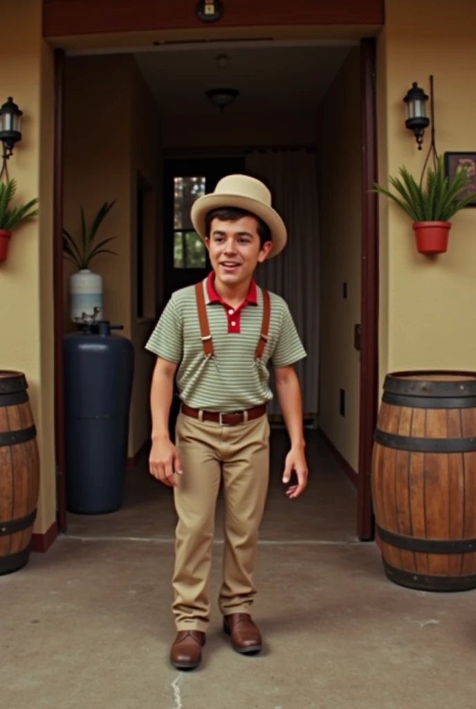 Caucasian, wearing his trademark blue shorts, yellow striped shirt and red hat. With a friendly smile and standing expression ready for adventure. Holding a wooden bat
(((male))), (((best quality))), (((masterpiece))), exceptionally handsome man, 12 year old boy with perfect body, 4k, 8k, best quality, portrait, location is old American town in 1990s, full body shot, wide view