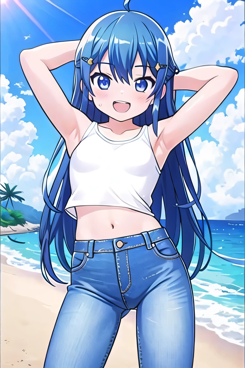 masterpiece, best quality, ultra detail, ((Perfect Face, perfect eyes, perfect hair, perfect arm)), 1girl, o, petite, ((round face, ecstasy, orgasm face, drooping eyes, shame smiling, blush)), dropping eyes, sleepy, Open mouth, ((White teeth)), background((under the beach, (day:1.2), ocean, bright sky)), sora harewataru, (blue eyes:1.2), (blue hair:1.2), ahoge, crossed bangs, hair between eyes, hair ornament, x hair ornament, (long hair:1.4), (straight hair:1.7), ((arms behind head, hands behind head, fingers behind head)), ((contrapposto)), spread armpits, looking at viewer, (white tank top:1.2), (white crop top:1.2), (jeans pants:1.2, flares jeans:1.2, skinny jeans:1.2, blue jeans:1.2), standing, (legs spread:1.4), sex pose, Sweaty crotch, Steam from the crotch, from below, whole body