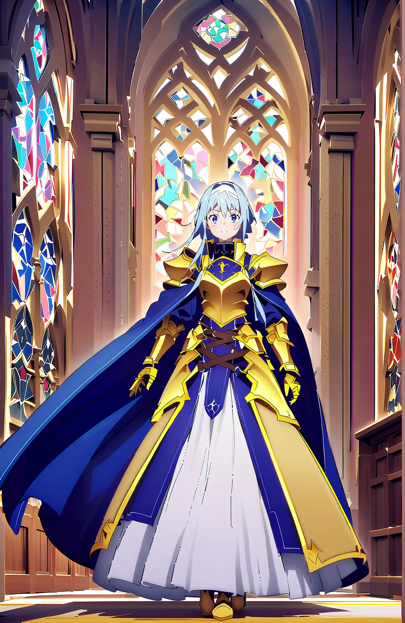 score_9, score_8_up, score_7_up, sauce_anime,
Alicesburg, Alice Zuburg, bungs,  Gold, hair between eyes, Very braided, headband, white headband,close your eyes,smile,blush,open your mouth,
dress, cape, armor, blue dress, shoulder armor, gauntlet, shoulder armor, breastplate, armored dress, white long skirt, blue cape, Knight, gold armor, body armor,as if the whole body were in the illustration,stained glass,STANDING,full bodyがillustrationsに入るように,
break indoors,church,
break looking at viewer,full body,
break (masterpiece:1.2), Top Quality, high resolution, Unity 8k 壁紙, (illustrations:0.8),highly detailed faces,  perfect lighting on the table, extremely detailed CG, (perfect hand, perfect anatomy),