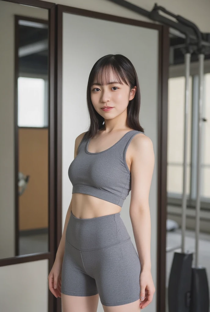 (((Only one girl、Japanese、Skinny athletic model、Flat Chest)))、50 years old、((( A simple and functional sports bra、Style with high-waisted sports shorts。The shorts have pockets、Convenient design for storing smartphones and small items。)))、The best smile、She's using the cardio machines at the gym.。A sports bra provides firm support for your breasts、High-waisted shorts provide ample coverage。